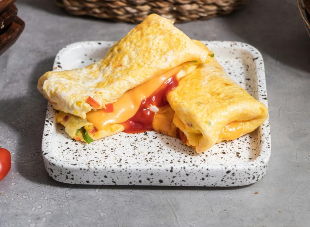 Close-up of a cheesy omelette with ketchup, perfect for food photography enthusiasts.